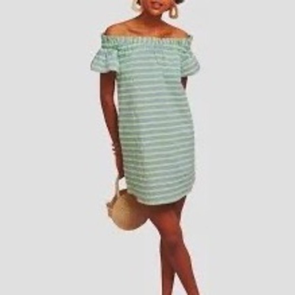 Corey Lynn Calter Dresses & Skirts - COREY LYNN CALTER Gray Green Stripe Preppy Beachy Coastal Off Shoulder Dress XL